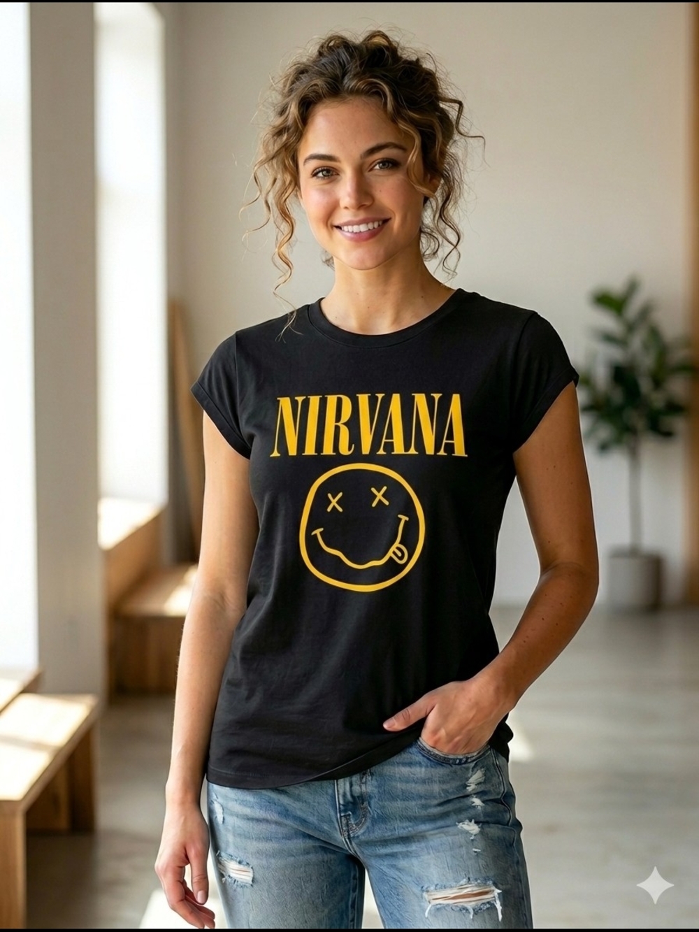 Tultex Black Women's Tee with Yellow Nirvana Graphic